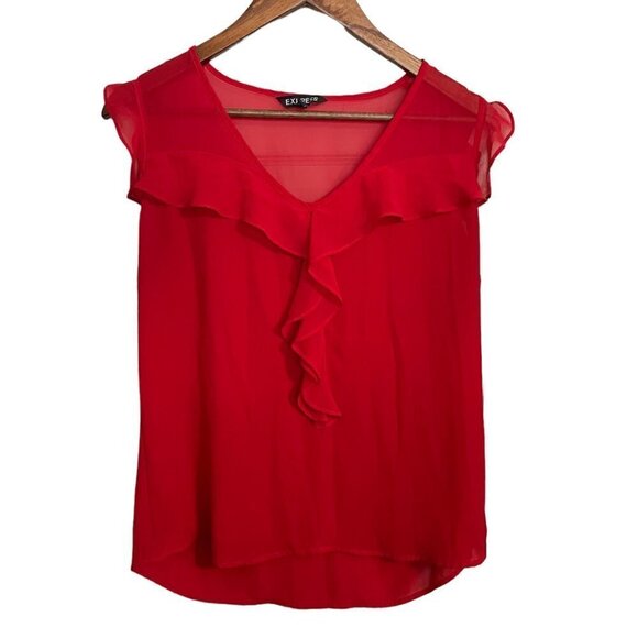 Express Womens Red Ruffle Accent Semi Sheer Sleeveless Blouse Size Small - Picture 1 of 6